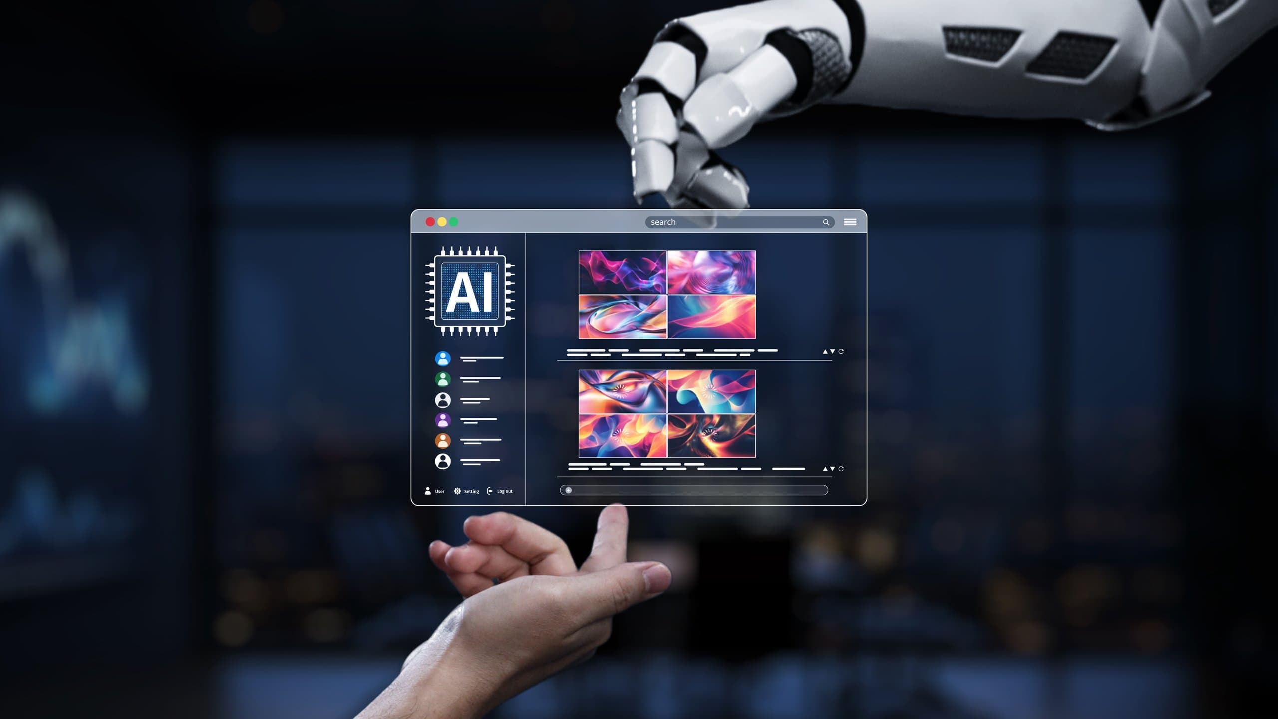 Futuristic robot hand engaging with a digital screen of AI-powered creative tools in a modern office