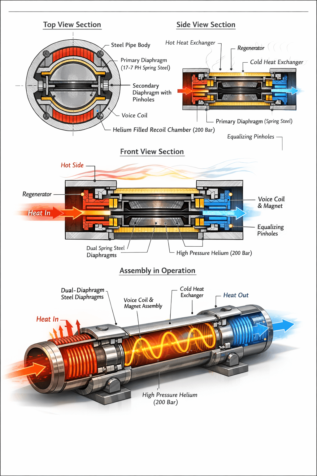 Multi-view engineering section drawing of a helium recoil chamber assembly