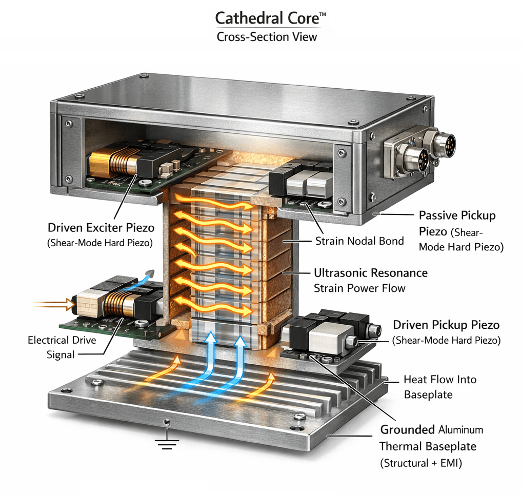 Cathedral Core cross-section view with annotated piezo and thermal components