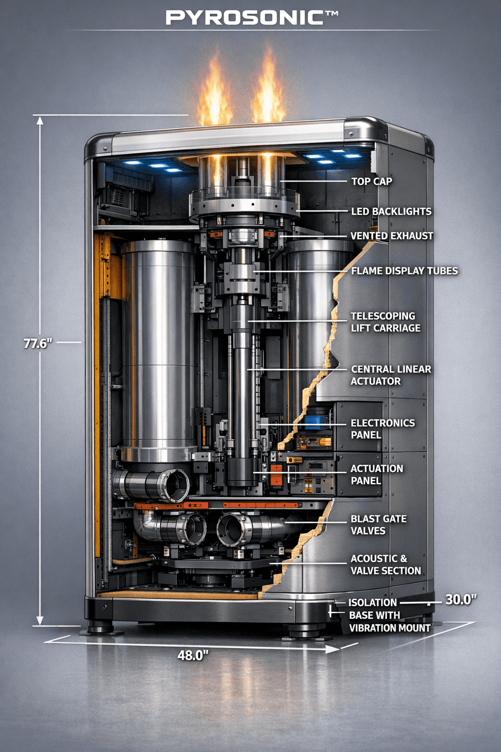 PYROSONIC cross-section render with dimensioned callouts of internal components