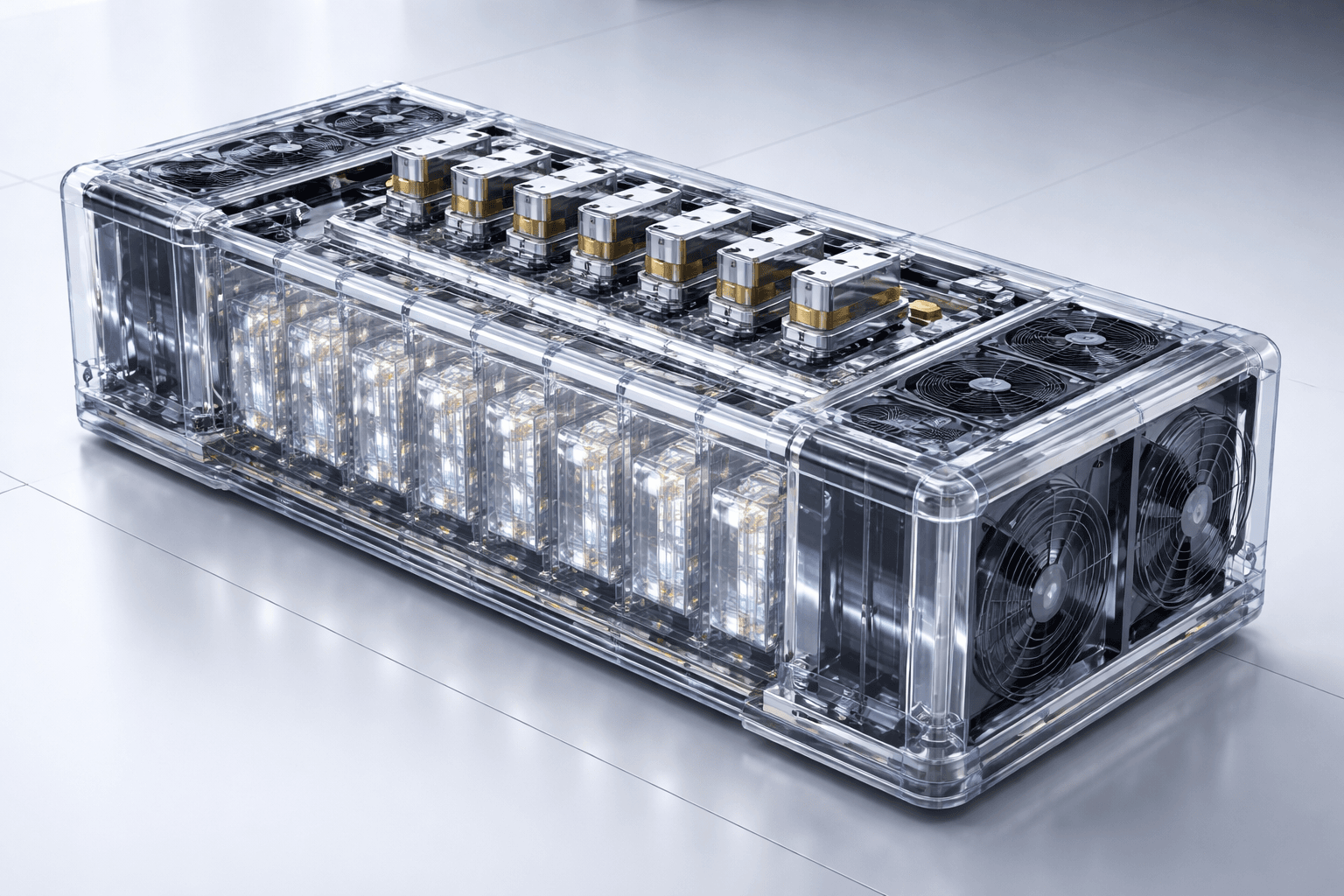 Transparent-housing module render showing internal cells and cooling fans